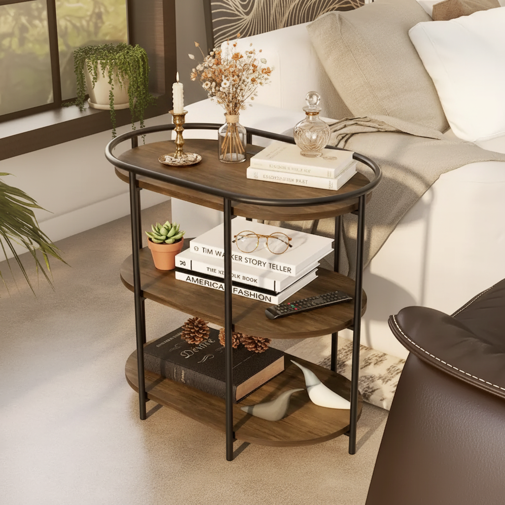 Table d'appoint industrielle en acier brun à 3 niveaux
