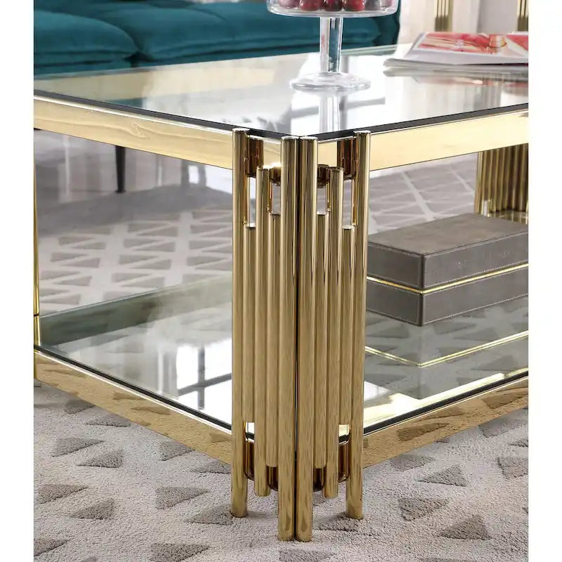 Table basse en verre trempé et acier inoxydable doré