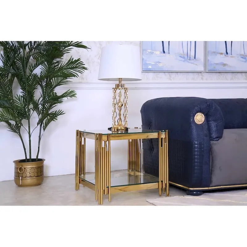 Table basse en verre trempé et acier inoxydable doré