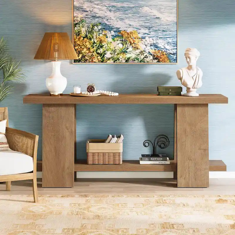 Grande table console, table console moderne à 2 niveaux pour entrée