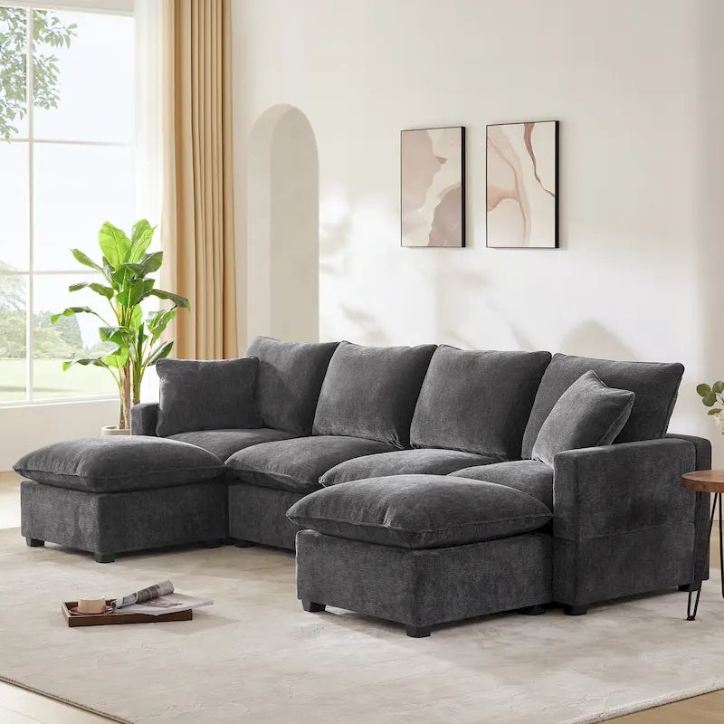 Canapé modulable en U, 6 places, en chenille, avec assise profonde