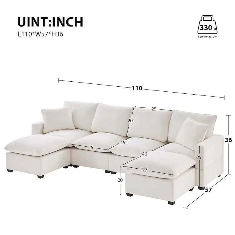 Canapé modulable en U, 6 places, en chenille, avec assise profonde