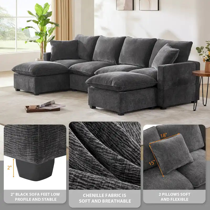 Canapé modulable en U, 6 places, en chenille, avec assise profonde