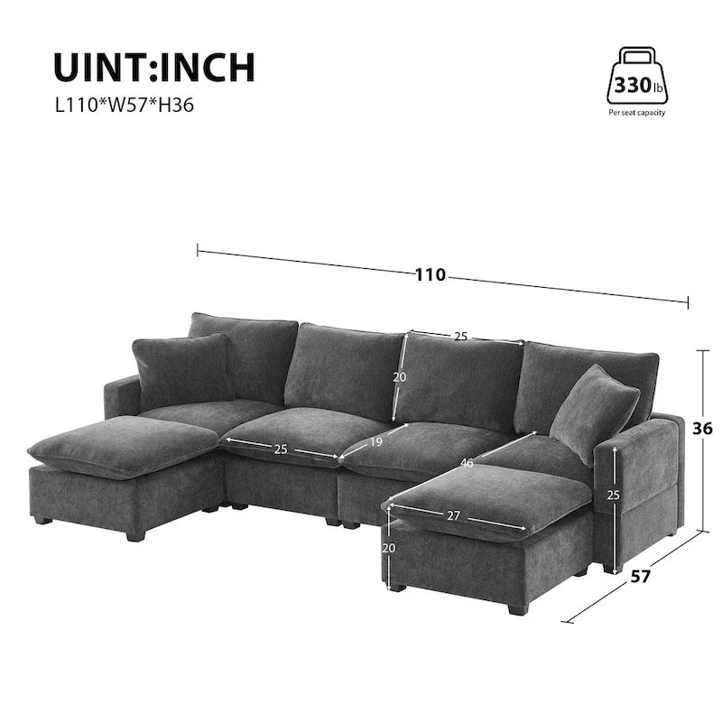 Canapé modulable en U, 6 places, en chenille, avec assise profonde