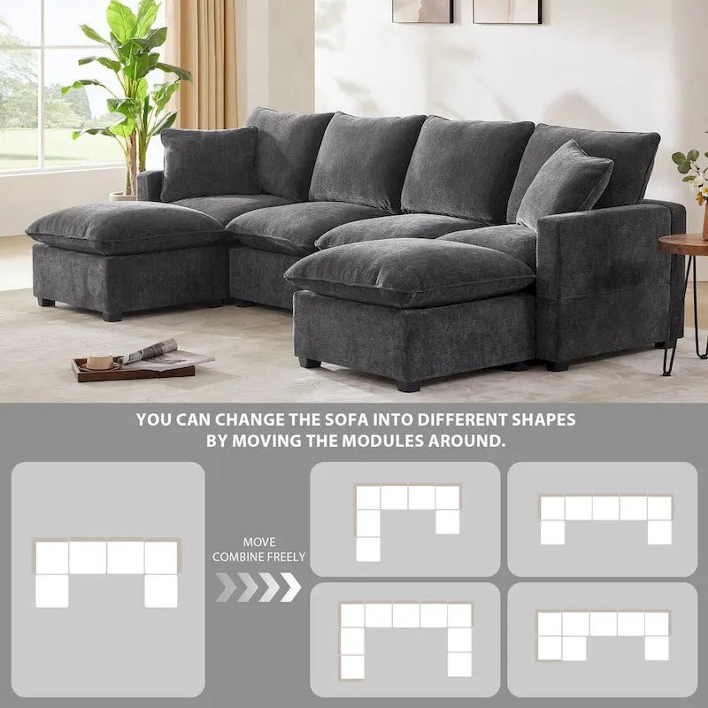 Canapé modulable en U, 6 places, en chenille, avec assise profonde