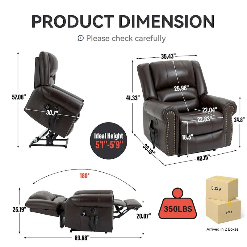 Fauteuil inclinable releveur électrique en cuir véritable marron