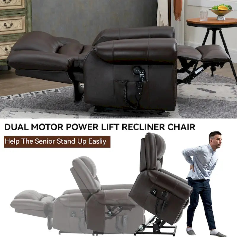 Fauteuil inclinable releveur électrique en cuir véritable marron