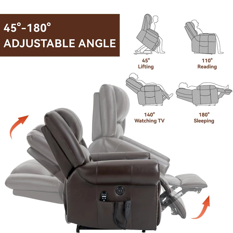Fauteuil inclinable releveur électrique en cuir véritable marron