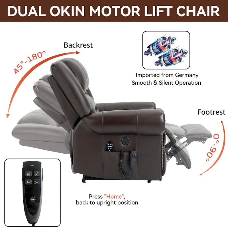 Fauteuil inclinable releveur électrique en cuir véritable marron