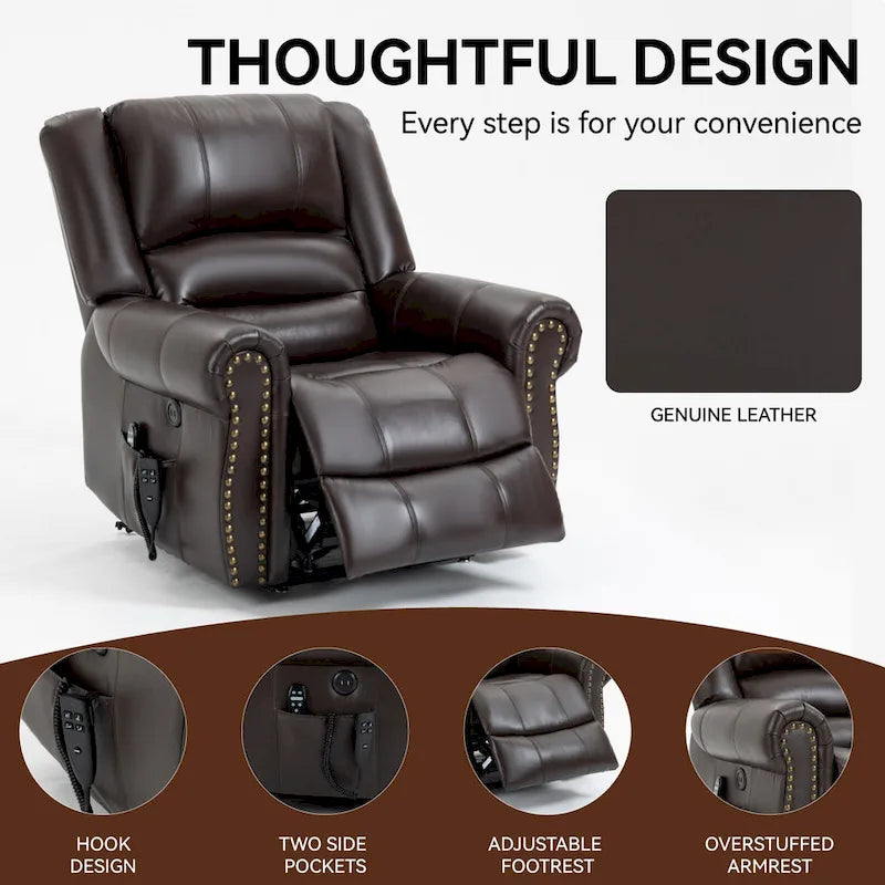 Fauteuil inclinable releveur électrique en cuir véritable marron