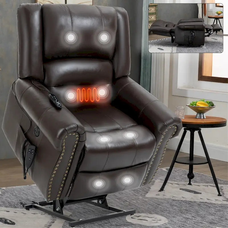 Fauteuil inclinable releveur électrique en cuir véritable marron