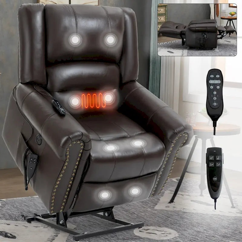Fauteuil inclinable releveur électrique en cuir véritable marron