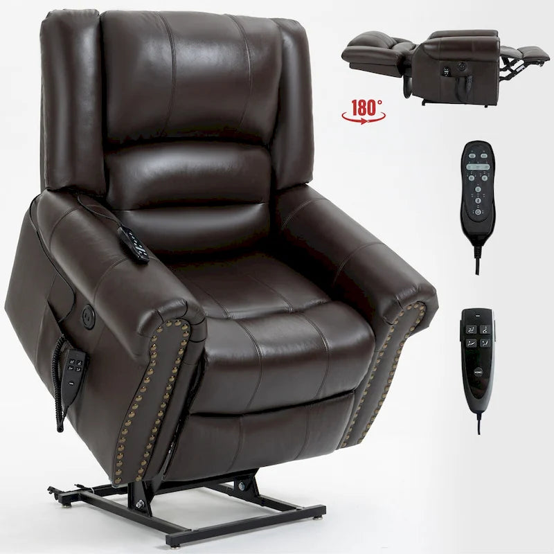 Fauteuil inclinable releveur électrique en cuir véritable marron