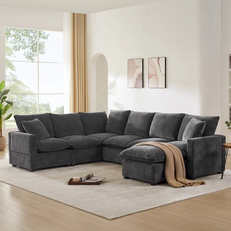 Canapé d'angle modulable en chenille noire 110 places 7 places