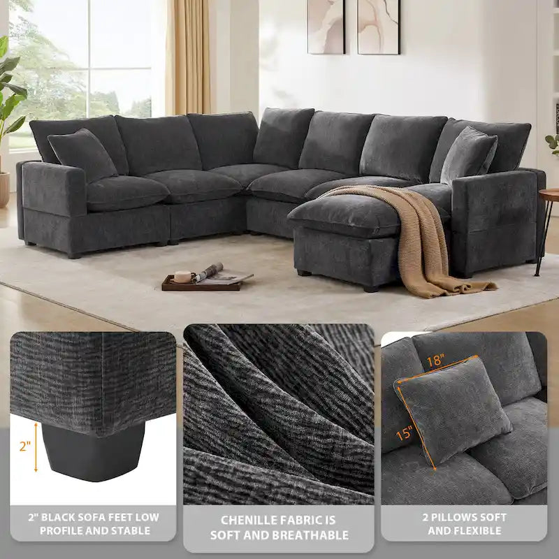 Canapé d'angle modulable en chenille noire 110 places 7 places