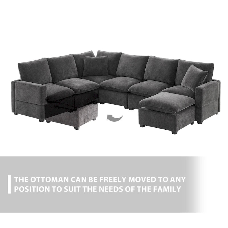 Canapé d'angle modulable en chenille noire 110 places 7 places