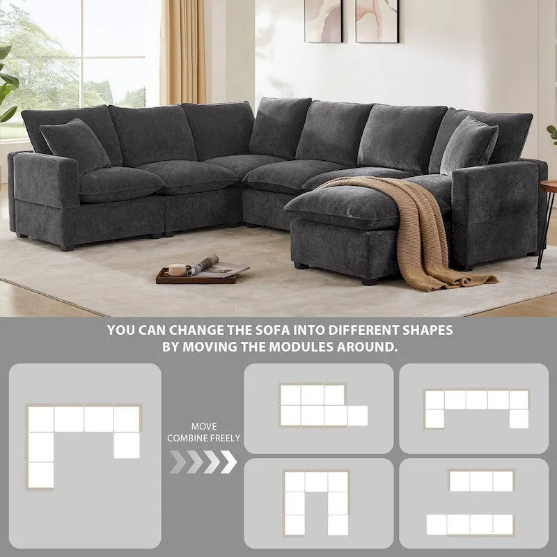 Canapé d'angle modulable en chenille noire 110 places 7 places