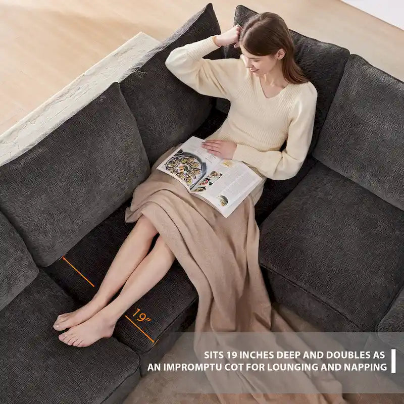 Canapé d'angle modulable en chenille noire 110 places 7 places