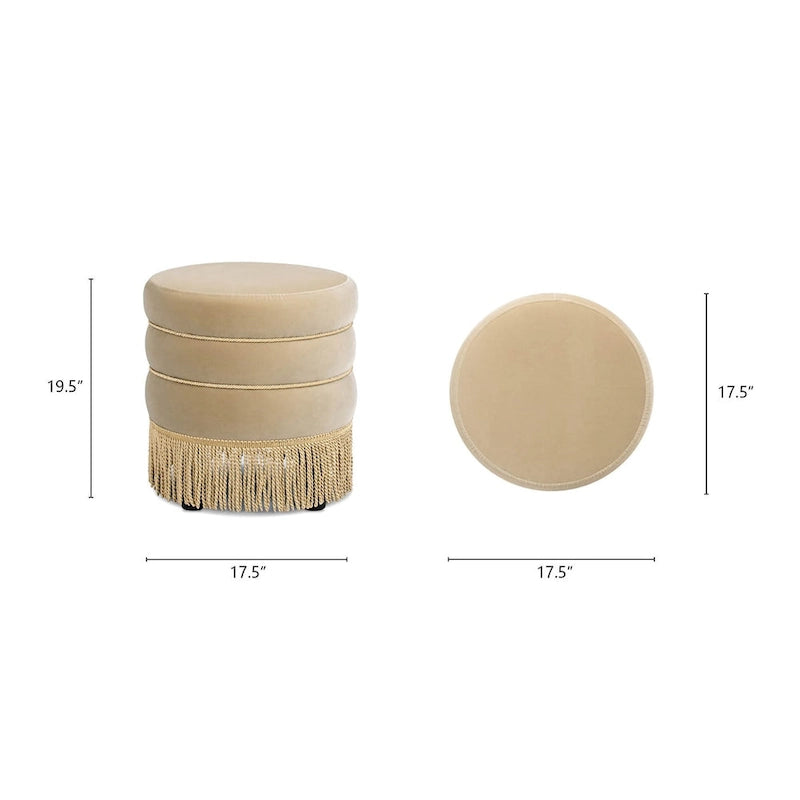 Pouf rond tapissé avec franges en fil doré