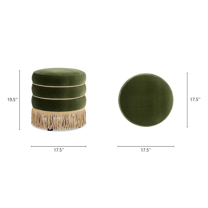 Pouf rond tapissé avec franges en fil doré