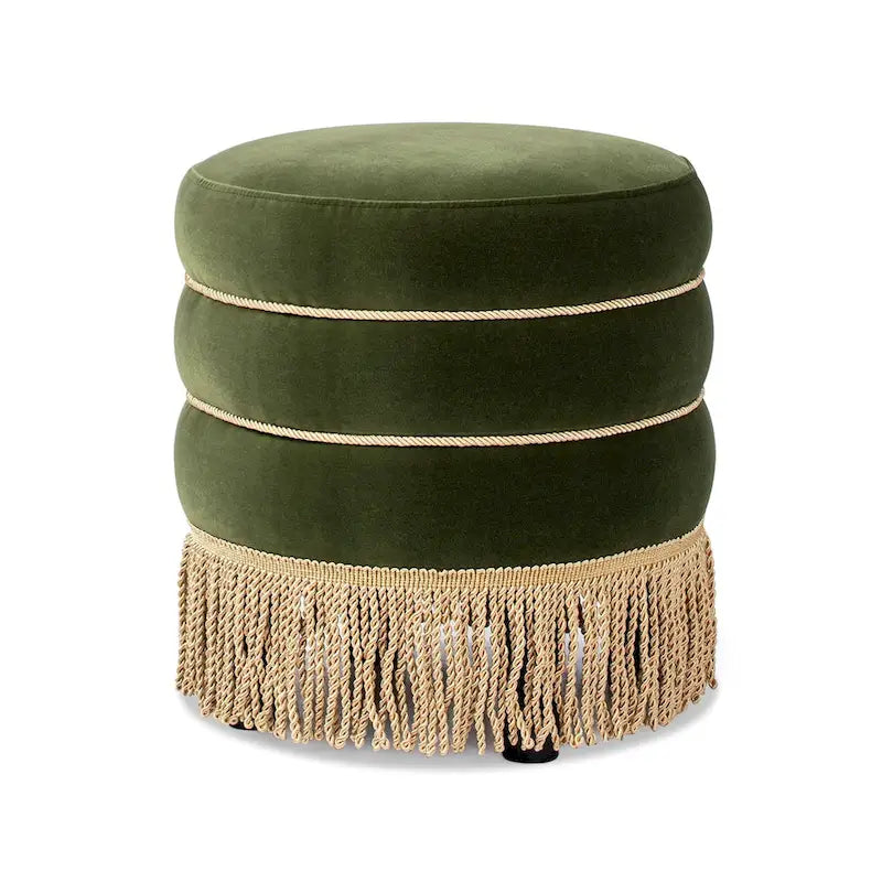 Pouf rond tapissé avec franges en fil doré