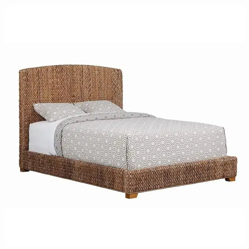 Hand Woven Banana Leaf Upholstered Wooden California King Size Bed, Brown