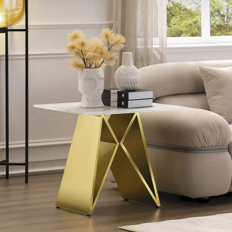 Table d'appoint en verre trempé blanc avec piètement en M miroir