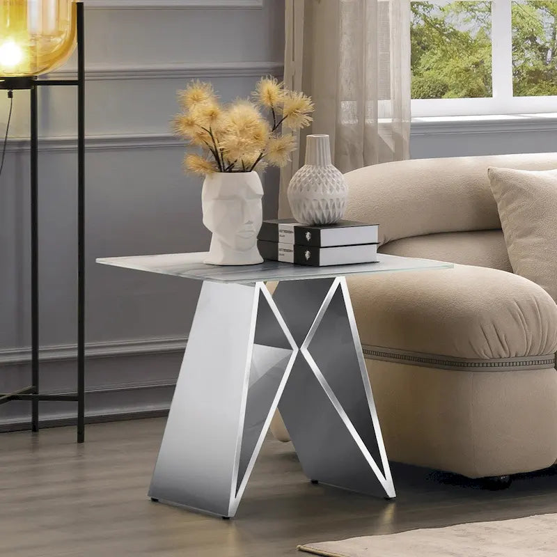 Table d'appoint en verre trempé blanc avec piètement en M miroir