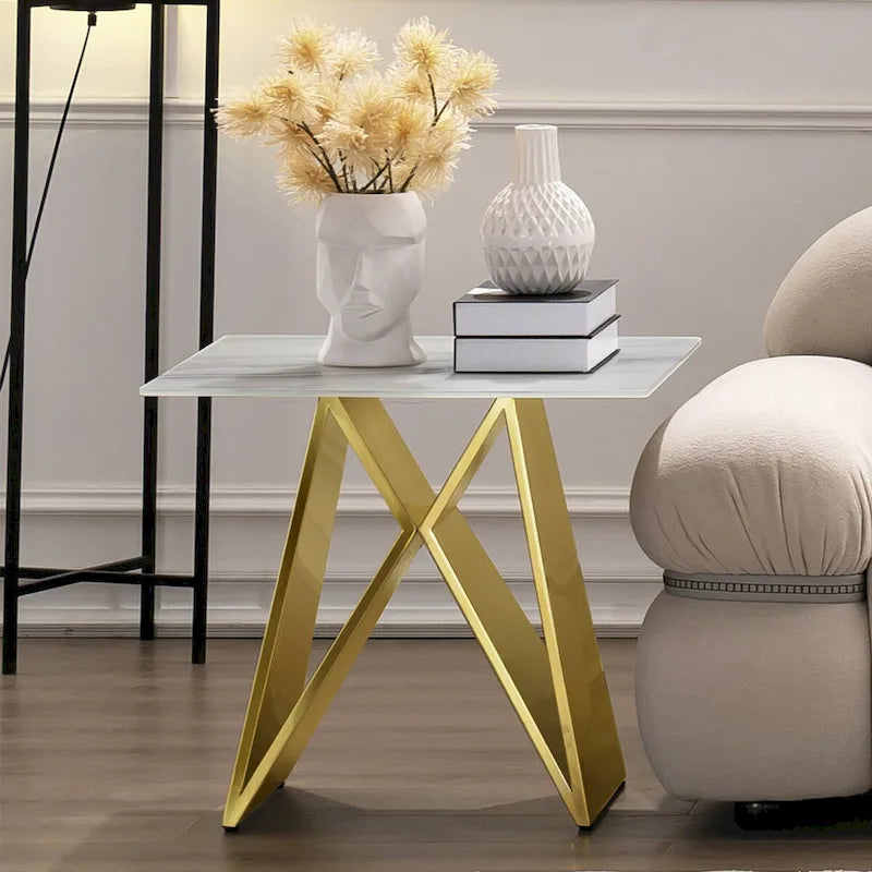 Table d'appoint en verre trempé blanc avec piètement en M miroir