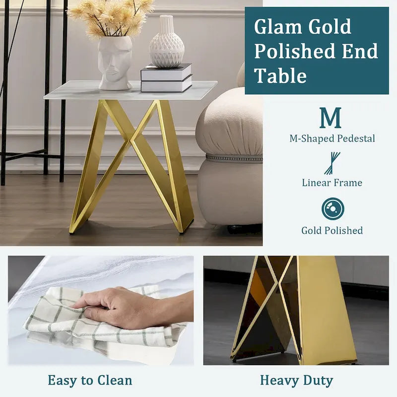 Table d'appoint en verre trempé blanc avec piètement en M miroir