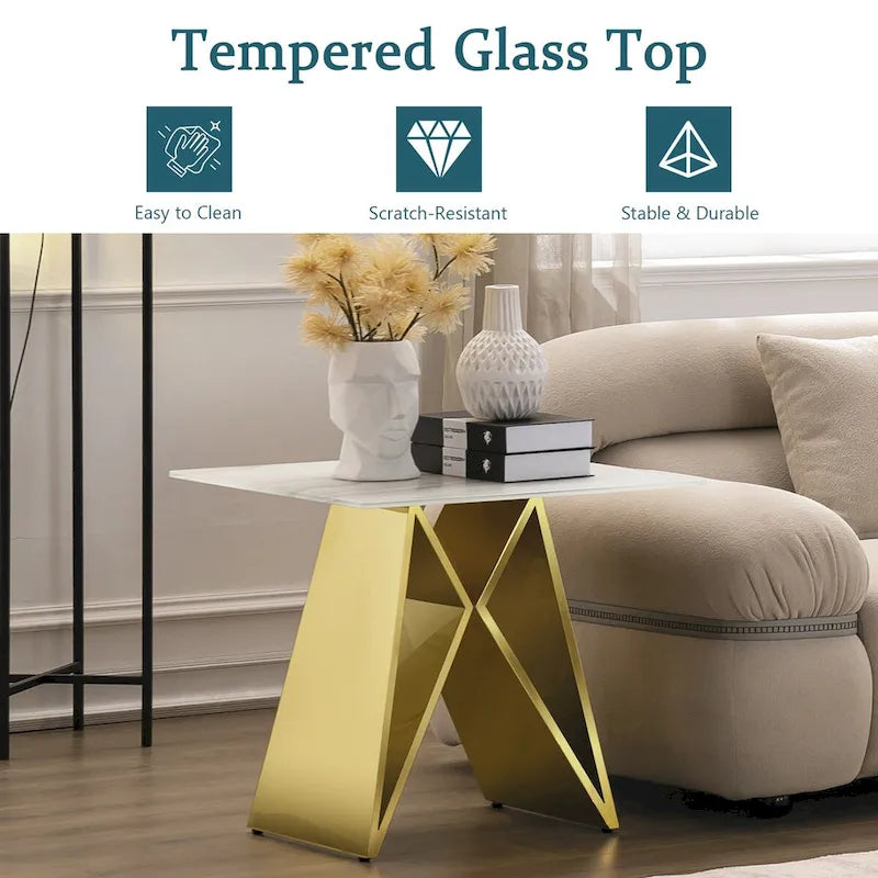 Table d'appoint en verre trempé blanc avec piètement en M miroir