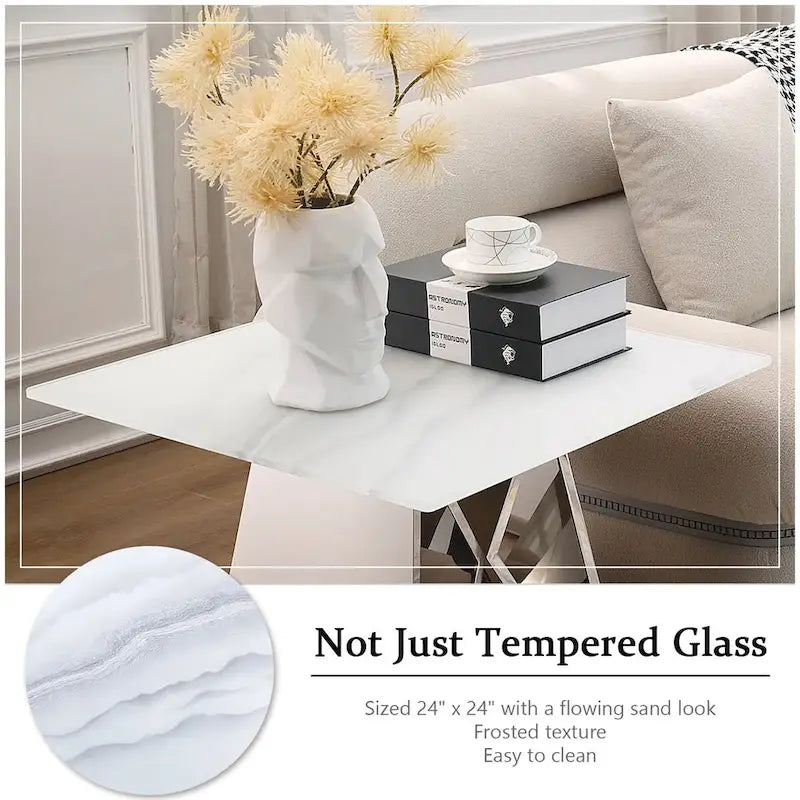 Table d'appoint en verre trempé blanc avec piètement en M miroir