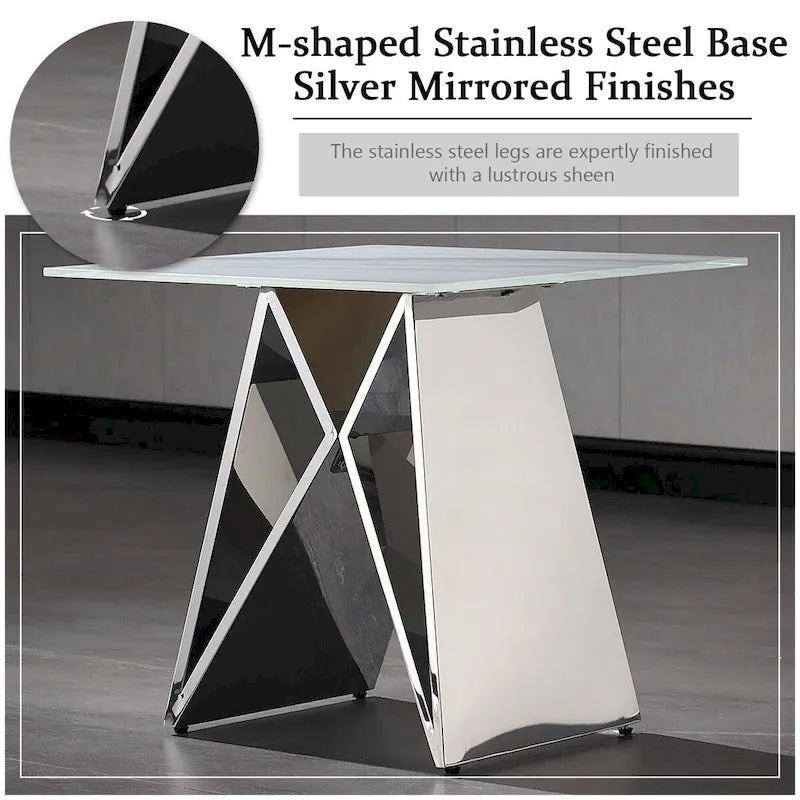 Table d'appoint en verre trempé blanc avec piètement en M miroir