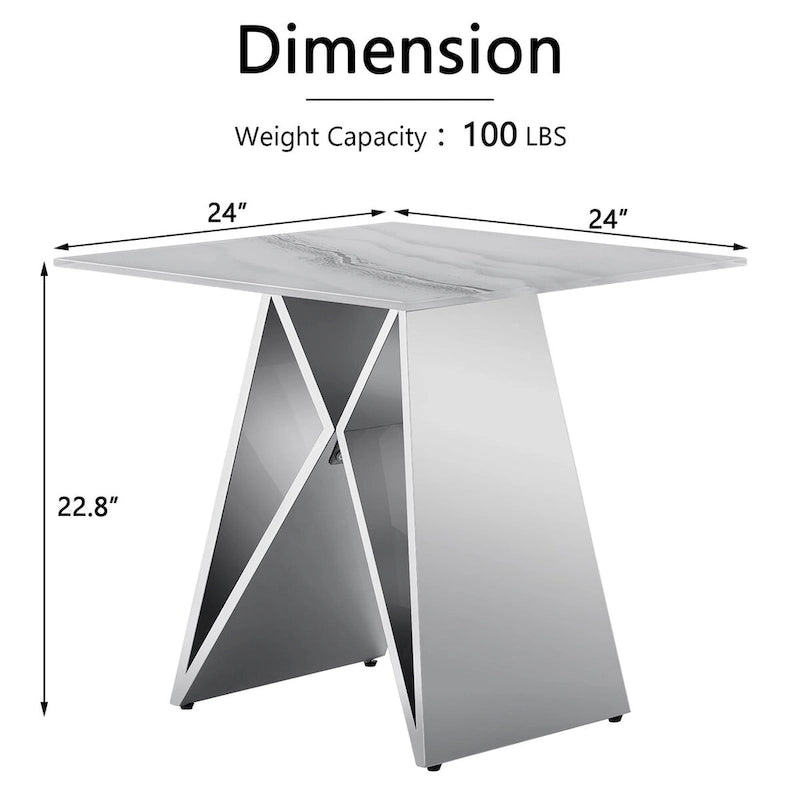 Table d'appoint en verre trempé blanc avec piètement en M miroir