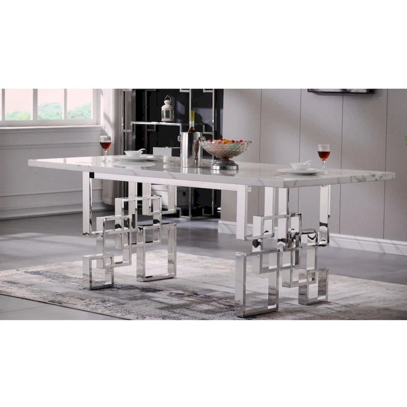 Table de salle à manger imitation marbre avec piètement métallique géométrique