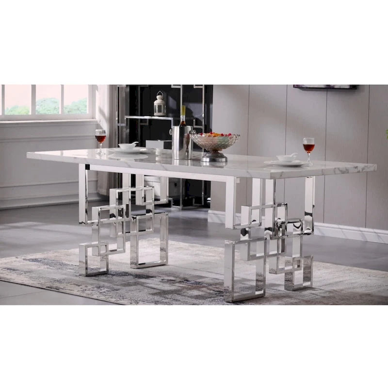 Table de salle à manger imitation marbre avec piètement métallique géométrique