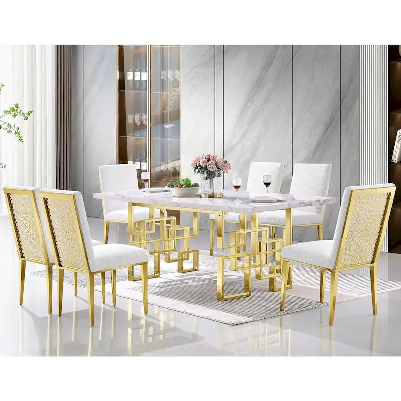 Table de salle à manger imitation marbre avec piètement métallique géométrique