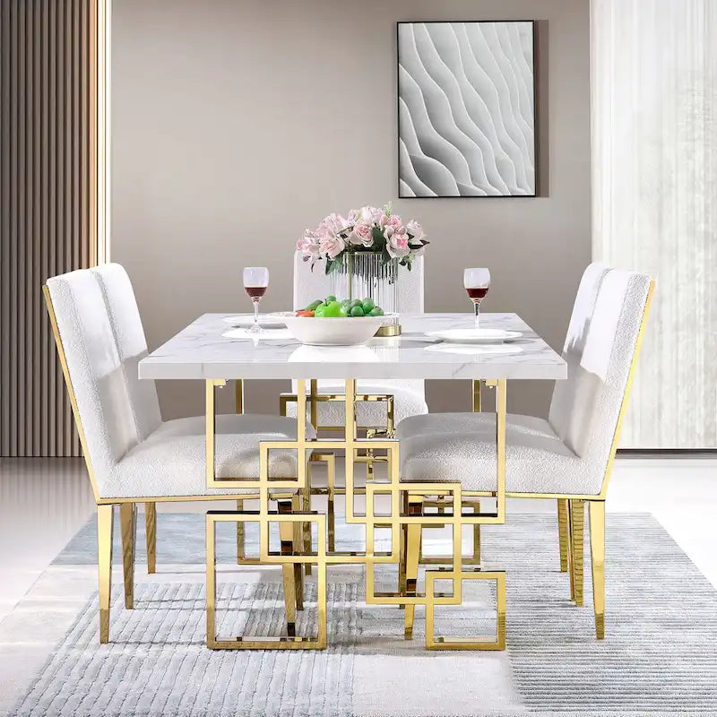 Table de salle à manger imitation marbre avec piètement métallique géométrique