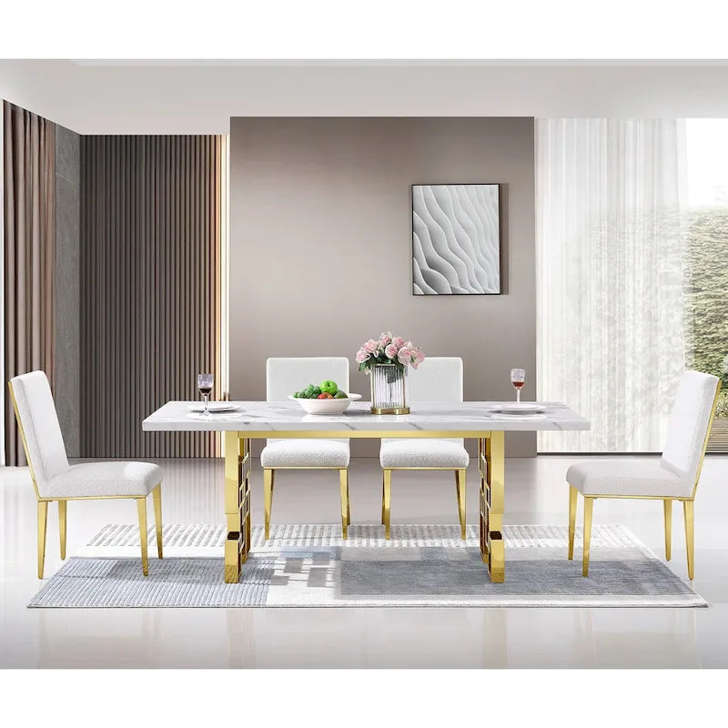 Table de salle à manger imitation marbre avec piètement métallique géométrique