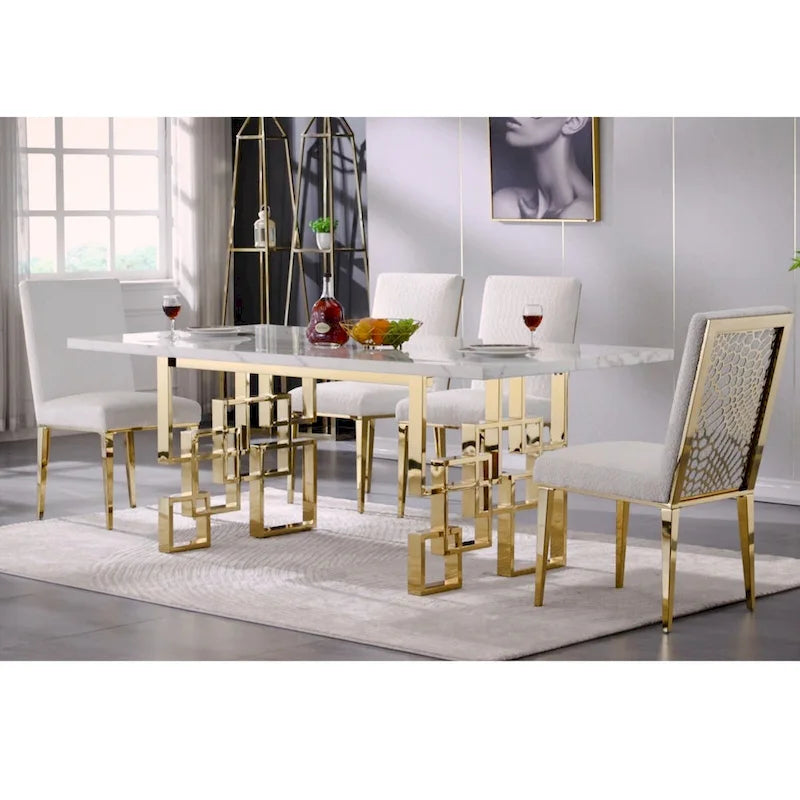 Table de salle à manger imitation marbre avec piètement métallique géométrique