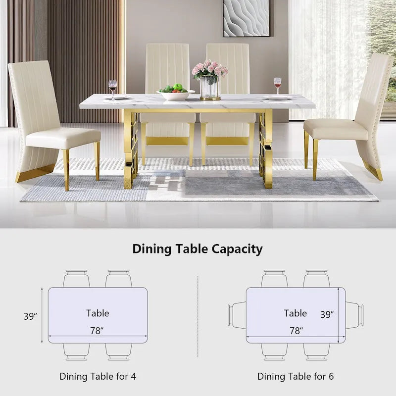 Table de salle à manger imitation marbre avec piètement métallique géométrique