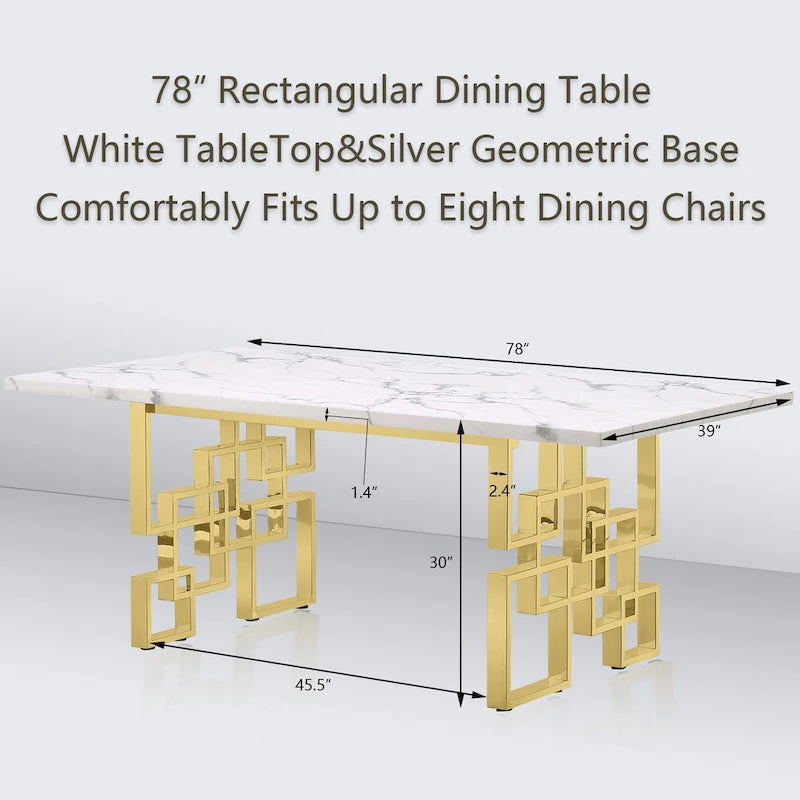 Table de salle à manger imitation marbre avec piètement métallique géométrique