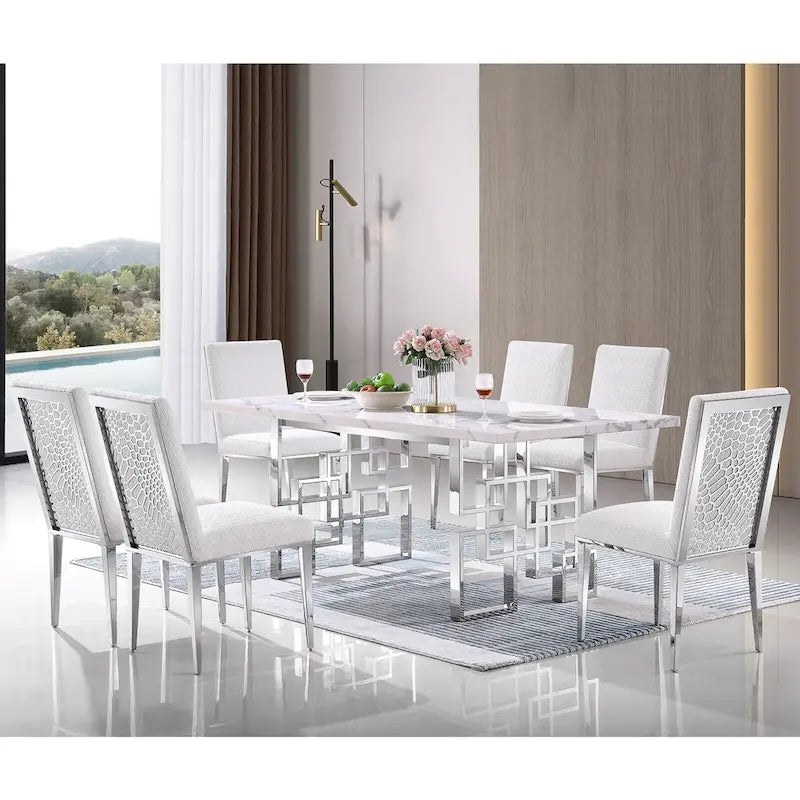 Table de salle à manger imitation marbre avec piètement métallique géométrique