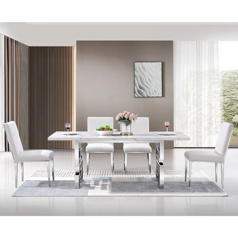 Table de salle à manger imitation marbre avec piètement métallique géométrique