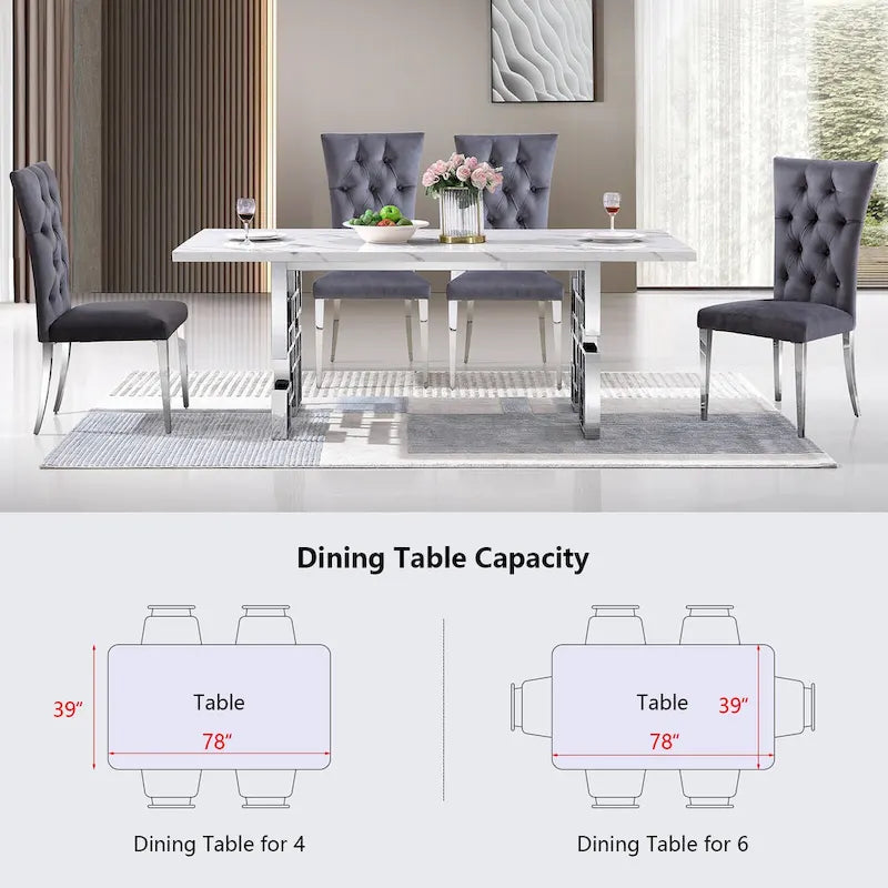Table de salle à manger imitation marbre avec piètement métallique géométrique