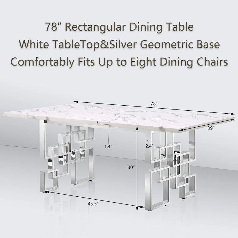 Table de salle à manger imitation marbre avec piètement métallique géométrique