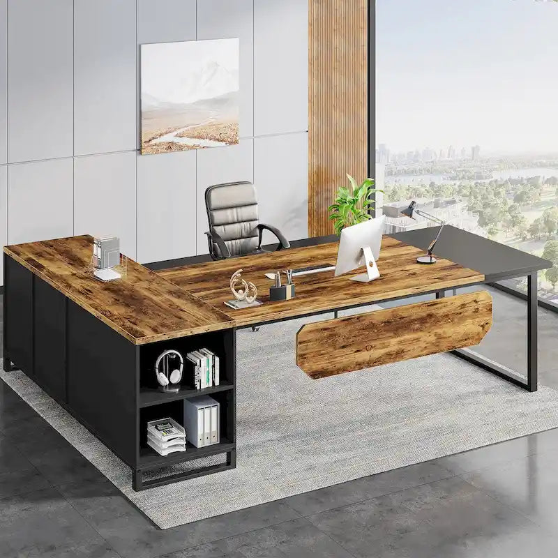 Grand bureau d'angle en L avec armoire de rangement et étagères