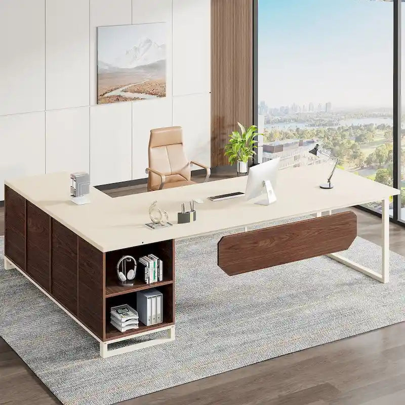 Grand bureau d'angle en L avec armoire de rangement et étagères
