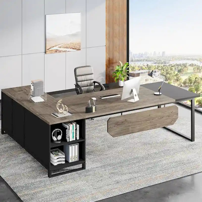 Grand bureau d'angle en L avec armoire de rangement et étagères