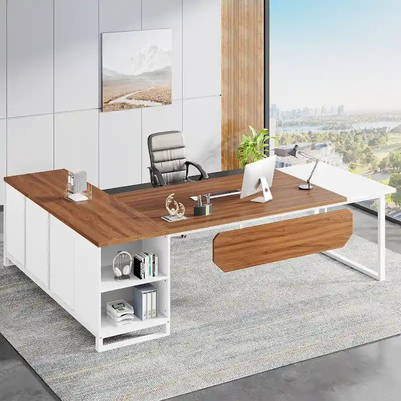 Grand bureau d'angle en L avec armoire de rangement et étagères